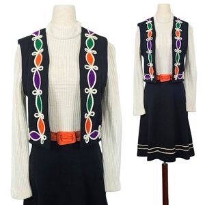 1960s Vintage Folk Dress Vest Belt Set 60s Black Knit Orange Green Purple Small